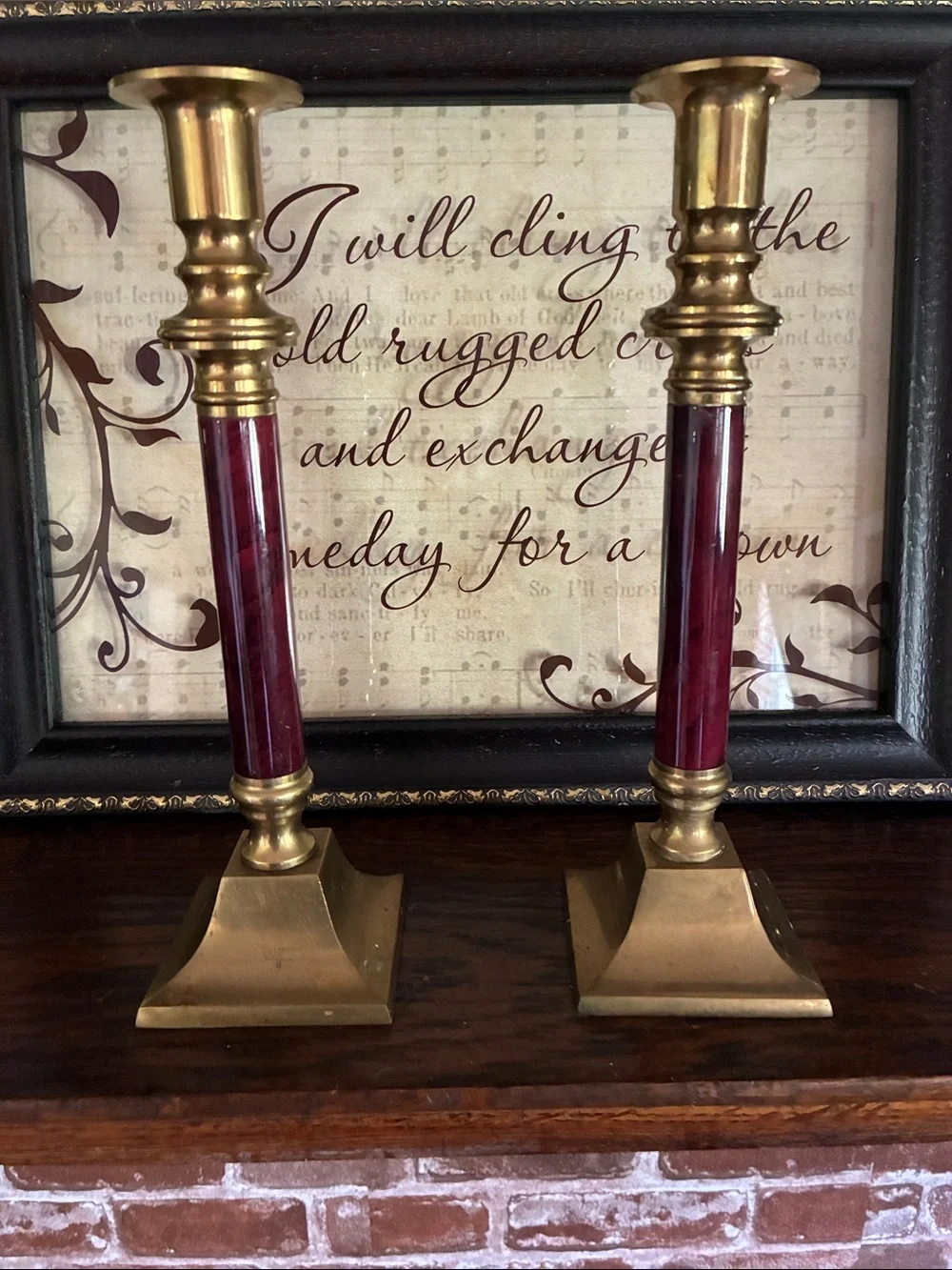 Brass and Burgundy Home Accents Candlestick Pair